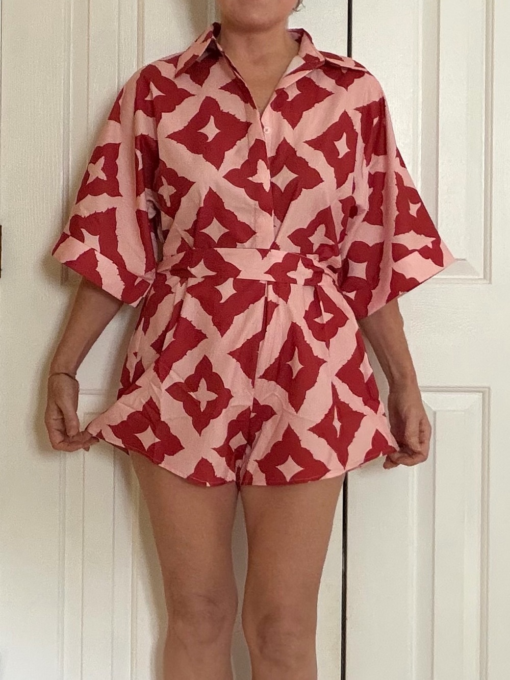 Women's Red Patterned Shirt Belted Romper
